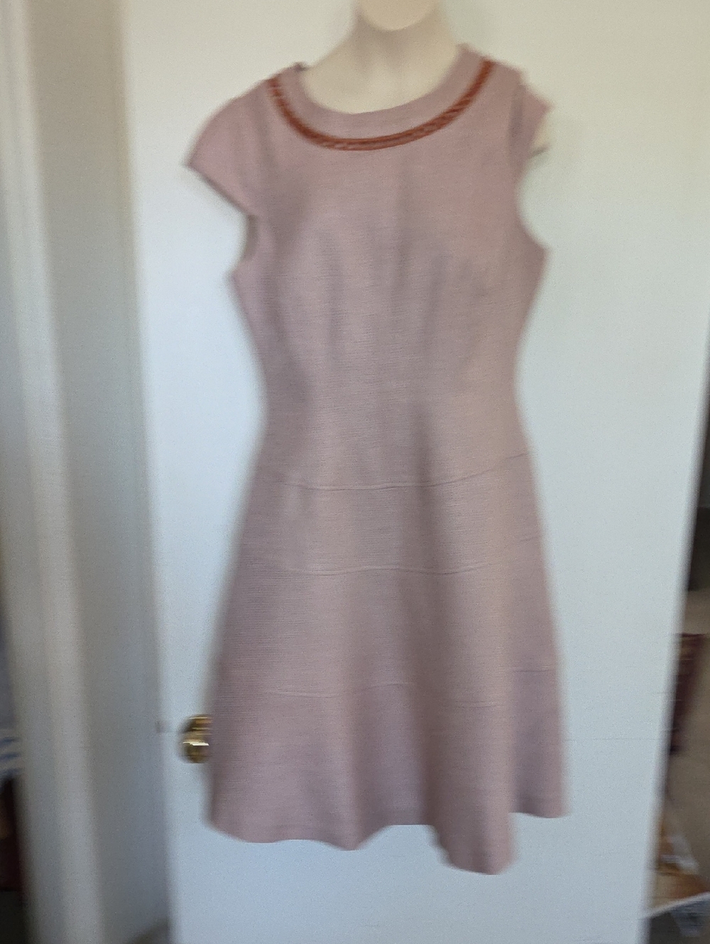Anne Klein Khaki Cap-Sleeve A-Line Dress with Embellished Neck